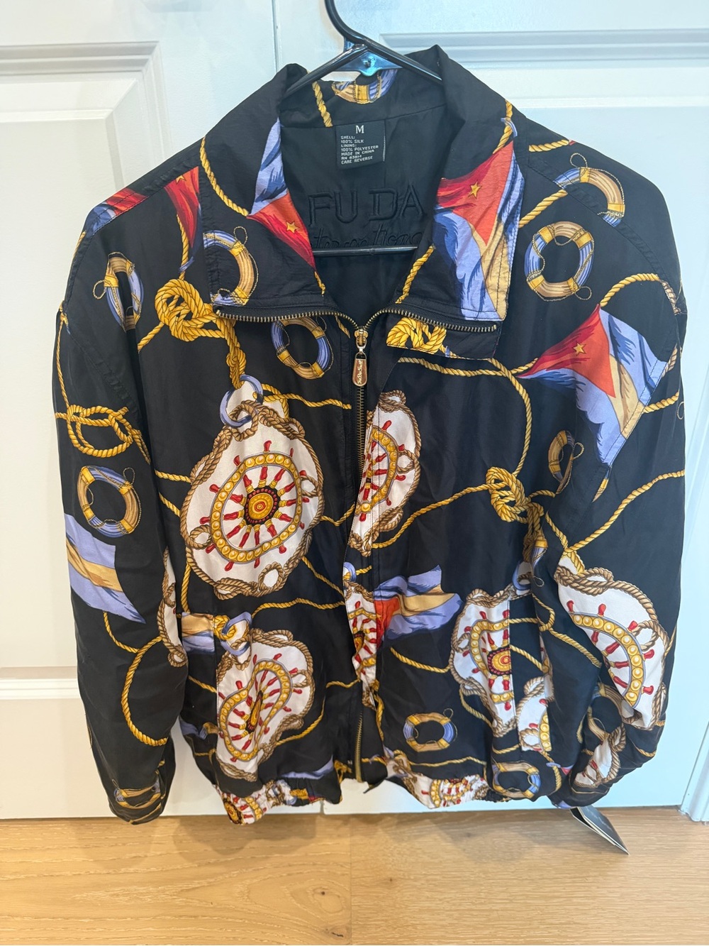 Vintage 90s Fuda International Sport Nautical Zip Jacket Medium - Black NWT Silk